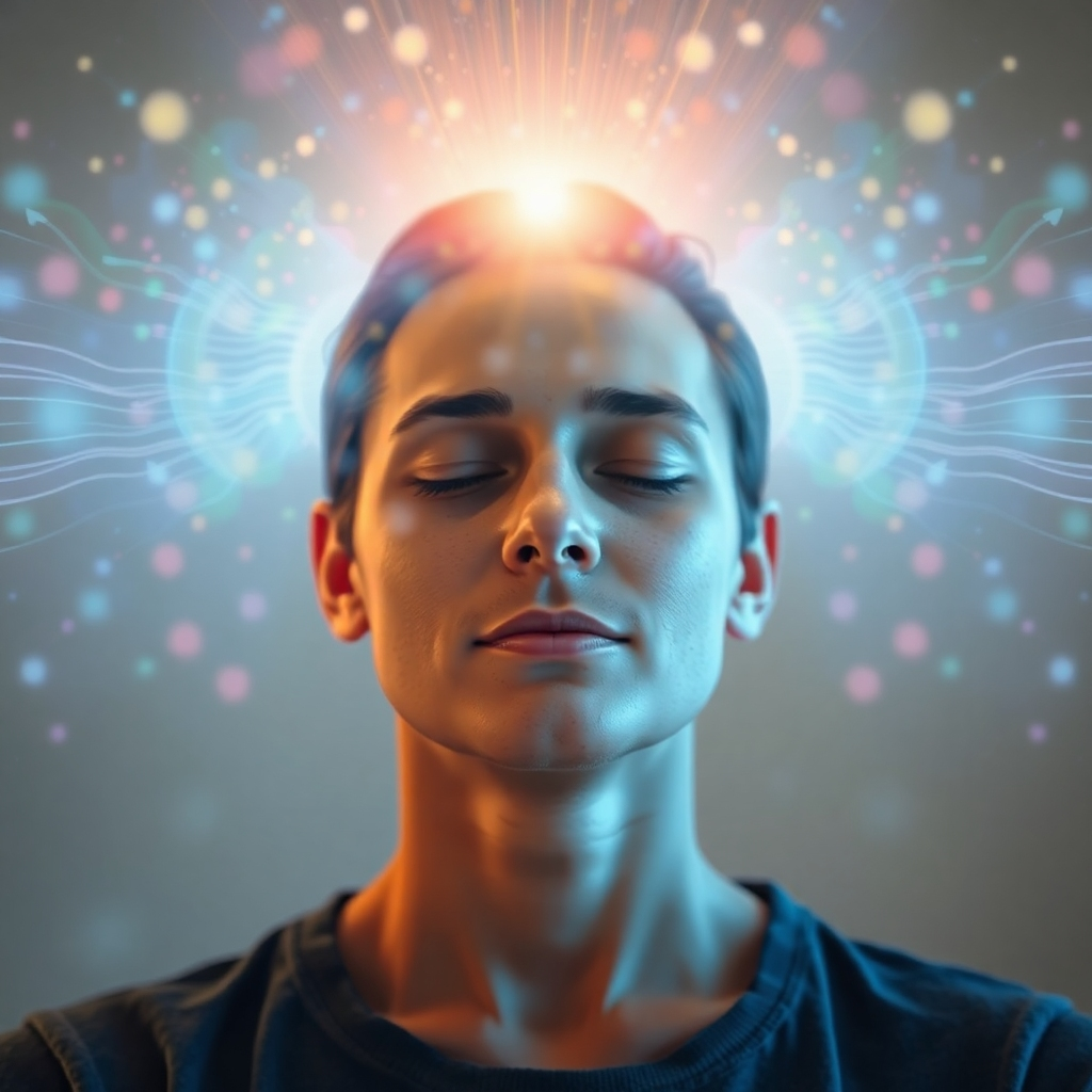 A photorealistic image showcasing a person meditating while bathed in both light and sound waves. The light represents affirmations, and the sound waves represent sound therapy. The person's face is serene and peaceful. The background is a blend of soft colors. Camera angle: Medium shot focusing on the individual's peaceful expression.