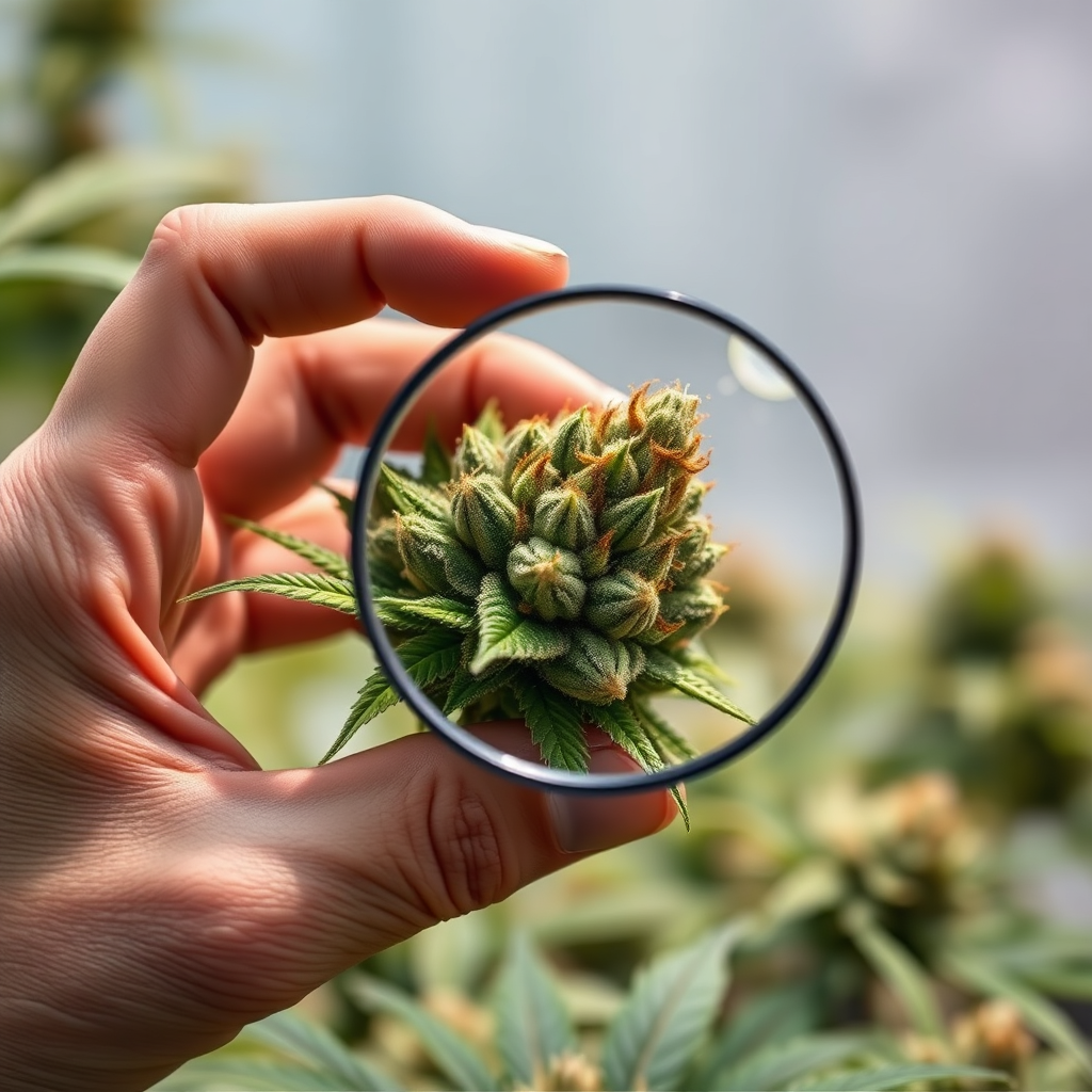 A photorealistic image showcasing the Norfolk City Cannabis Hub's dedication to quality cannabis cultivation. The image should feature a close-up shot of a hand carefully examining a thriving cannabis plant bud covered in glistening trichomes. The background should subtly blend elements representing indica, sativa, and hybrid strains, perhaps through variations in leaf shape and color. Soft, diffused lighting should highlight the detail and texture of the bud, creating a sense of premium quality and care. The overall color palette should be rich and earthy, with greens, browns, and amber tones dominating the scene. A magnifying glass or other tools used to check quality would add a sense of expertise. The environment could be a modern, clean laboratory or a well-maintained greenhouse. The image should evoke trust, expertise, and a passion for cannabis cultivation. 4K resolution, high quality.