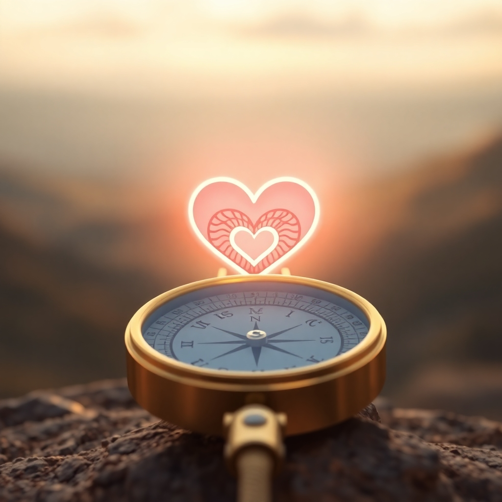 A photorealistic image showcasing a compass pointing towards a radiant heart. The compass is intricately designed with symbols of self-love and positive affirmations. The background is a blurred landscape representing the journey of self-discovery. The lighting is warm and inviting, creating a sense of direction and purpose. Composition: The compass should be the central focus, with the heart and landscape serving as supporting elements. Colors: Gold, rose quartz pink, and earthy tones.