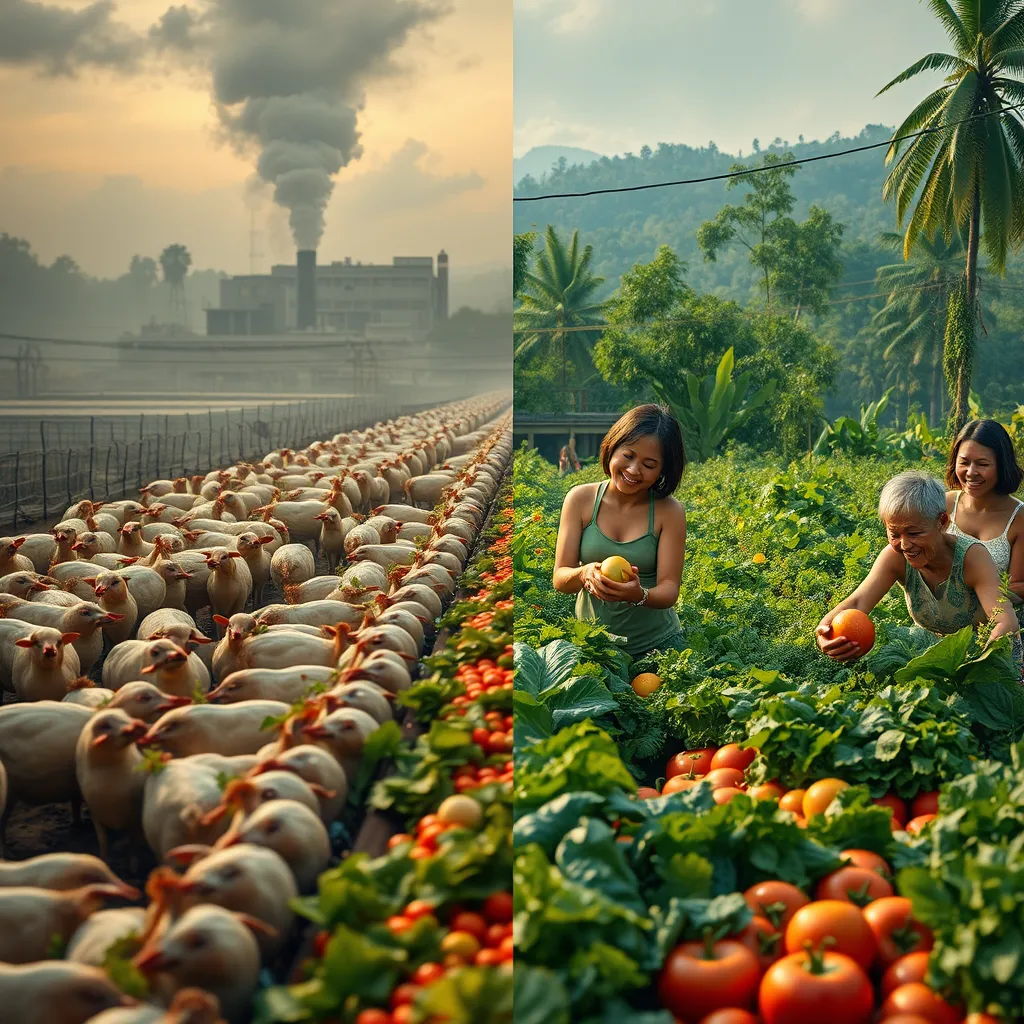 A photorealistic image showcasing a stark contrast: one side depicts a factory farm with caged animals, pollution, and deforestation, while the other side showcases a vibrant vegetable garden with happy people harvesting fresh produce. The image should highlight the negative effects of meat production and the positive benefits of plant-based alternatives.