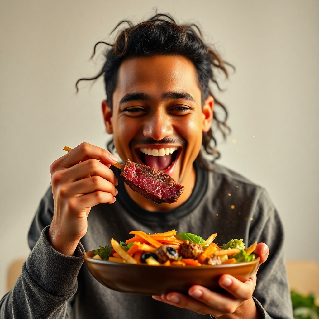 A photorealistic image showcasing a vibrant and energetic person enjoying a delicious carnivore meal. They are smiling and radiating health and vitality.  Subtle golden light particles are subtly floating around them, symbolizing positivity and energy.  The background features a minimalist, clean aesthetic with elements that subtly represent strength, health and well-being.