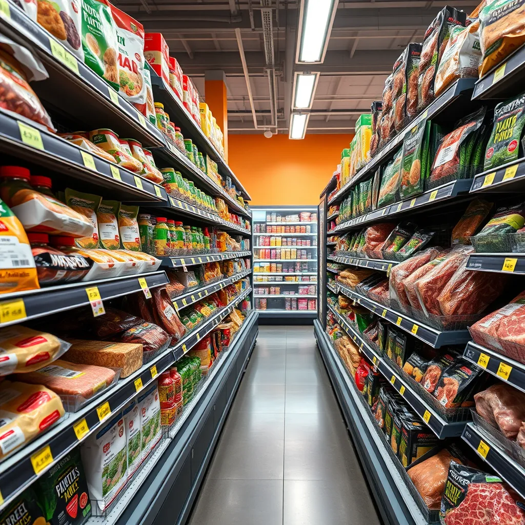 A photorealistic image showing a grocery store aisle with shelves stocked with a variety of meat and plant-based protein products. The image should highlight the diversity of plant-based options, such as tofu, tempeh, and seitan, while also showcasing traditional meat products, such as beef, chicken, and pork. The image should convey the increasing availability and variety of plant-based alternatives in the grocery store setting.