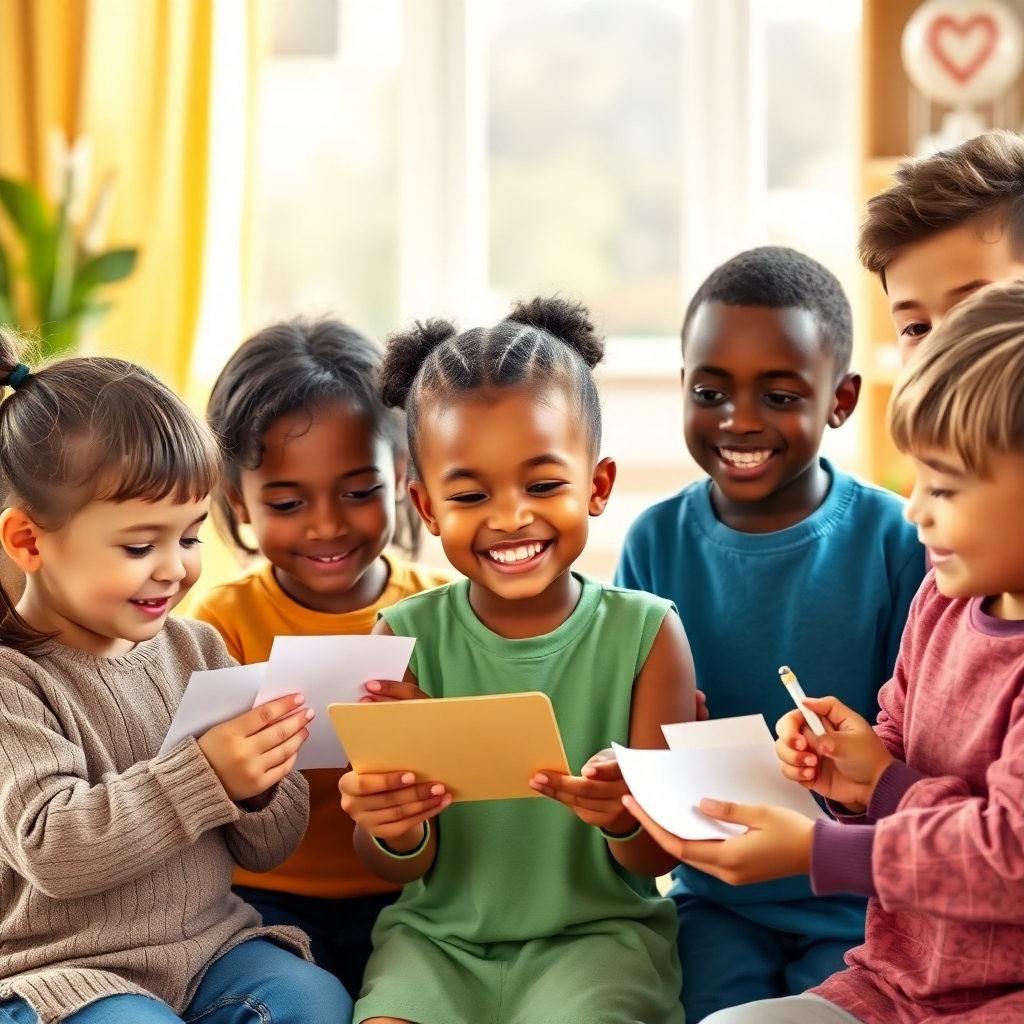 A photorealistic image showing diverse children expressing gratitude through various actions, like writing thank-you notes or helping others.  The scene should be bright and cheerful. 4K resolution, natural lighting, focus on positive emotions and interactions.