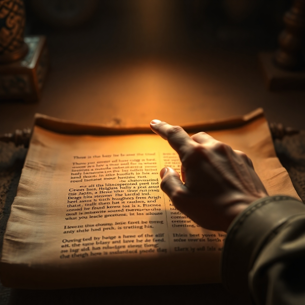A photorealistic image showing a hand pointing to a passage on an ancient scroll. The light is focused on this passage. The scroll seems to be in an ancient setting. The camera focus should be sharp and in 4K resolution.