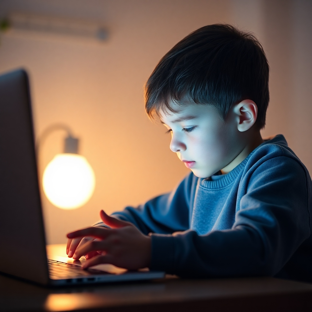A photorealistic image showing a child using technology, with soft, ethereal light enhancing the overall learning experience. The emphasis is on a calm, encouraging atmosphere.