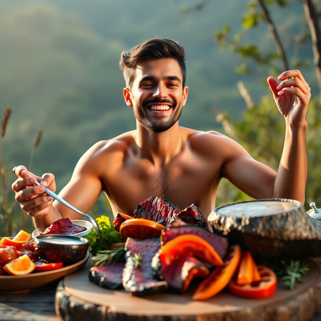 A photorealistic image showing a person feeling vibrant and healthy, surrounded by nature and enjoying a delicious meal.  The food should be a selection of high-quality cuts of meat, simply prepared, highlighting healthy and clean eating. The environment should be visually appealing and peaceful, embodying a feeling of accomplishment and satisfaction with the carnivore lifestyle. The mood is celebratory and joyful