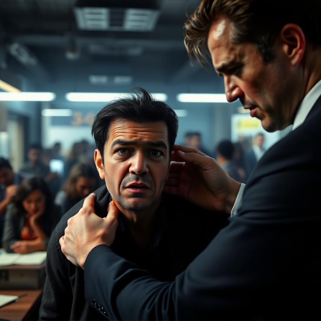 A photorealistic image showing a tense scene where a person is being aggressively pressured by another, possibly in a dimly lit office or crowded marketplace. The background should suggest urgency and stress. One person should seem anxious and overwhelmed, while the other exudes confidence and aggression. The image should communicate a sense of unease and impending threat.