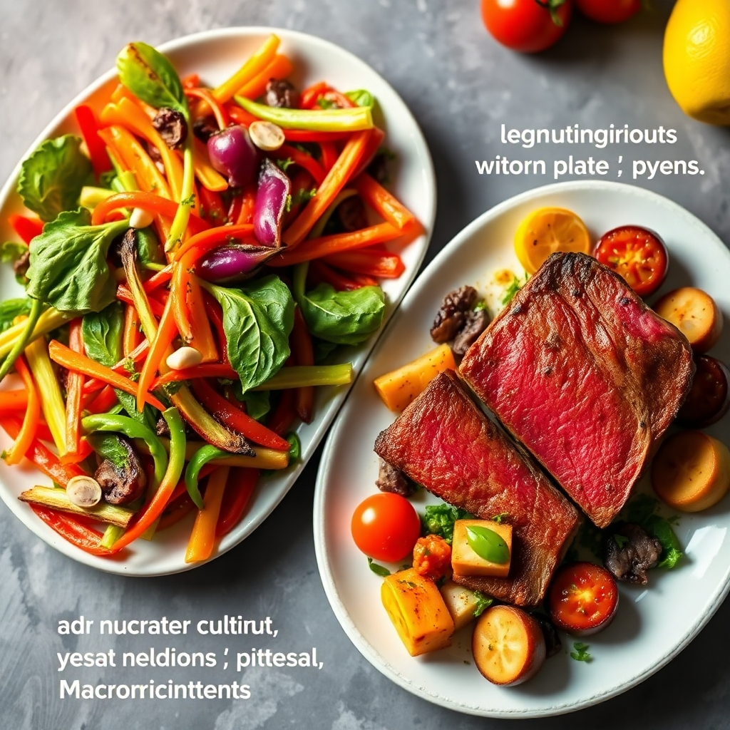 A photorealistic image showing a comparison between two plates: one filled with vibrant, colorful vegetables, and the other with a lean cut of red meat accompanied by various vegetables and side dishes, highlighting nutritional deficiencies of a vegan plate. Text overlays should highlight crucial micronutrients and macro-nutrients.