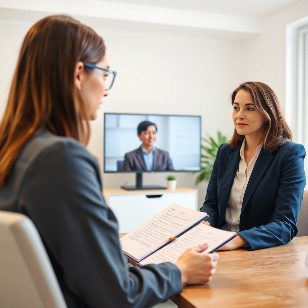 A photorealistic image showing a woman receiving personalized feedback from a remote coach. The coach is providing constructive criticism via video conference. The woman is listening attentively and taking notes. The background shows a modern, well-equipped home office. The lighting is bright and professional. The style should be clean and modern, emphasizing the importance of continuous learning and improvement. The color palette should be neutral and sophisticated, conveying a sense of competence and credibility. The camera angle should be slightly high, offering a clear view of the participants and their interactions. This image should evoke feelings of growth, progress, and success. 4k resolution.