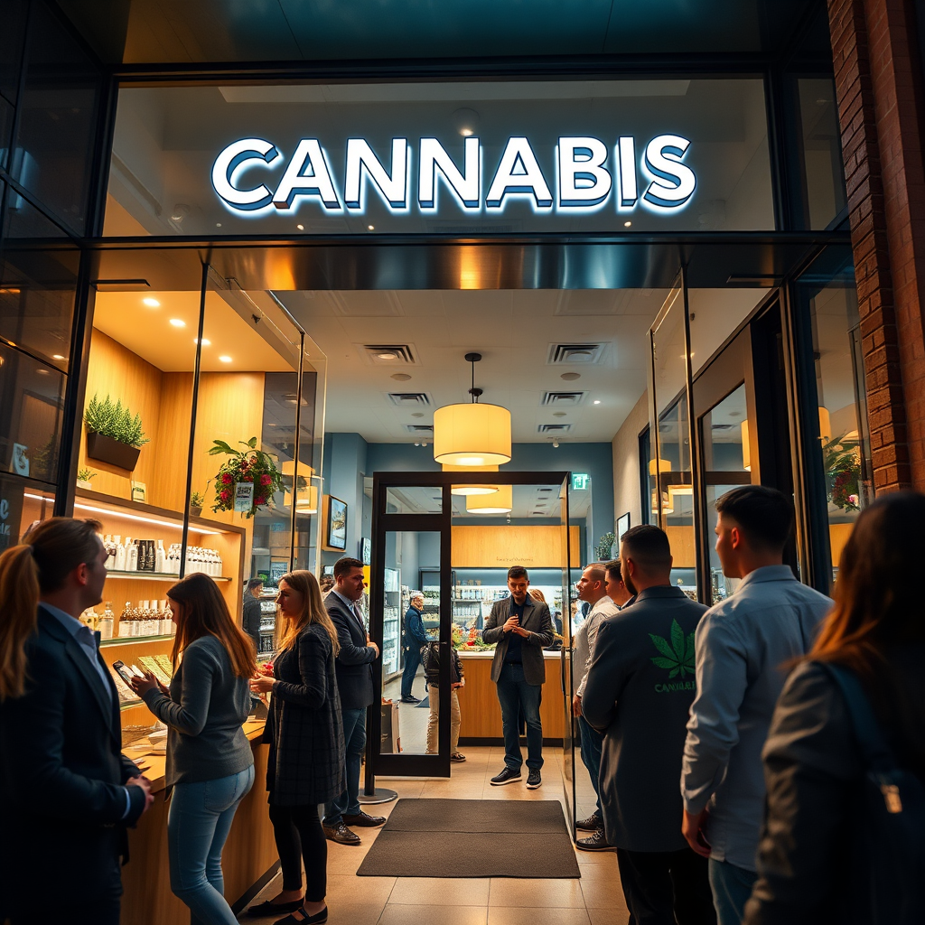 A photorealistic image showing the opening of a modern cannabis retail store in a bustling Norfolk neighborhood. People are entering the store, and the atmosphere is welcoming and professional. The store's design is sleek and contemporary, with cannabis products displayed tastefully. The lighting is warm and inviting. The scene should capture the excitement and optimism surrounding the opening of legal cannabis retail. Camera angle: eye-level, capturing the activity and the store's facade. Add subtle details like reflections on the glass windows and happy expressions on the faces of the customers. 4K resolution, high quality.