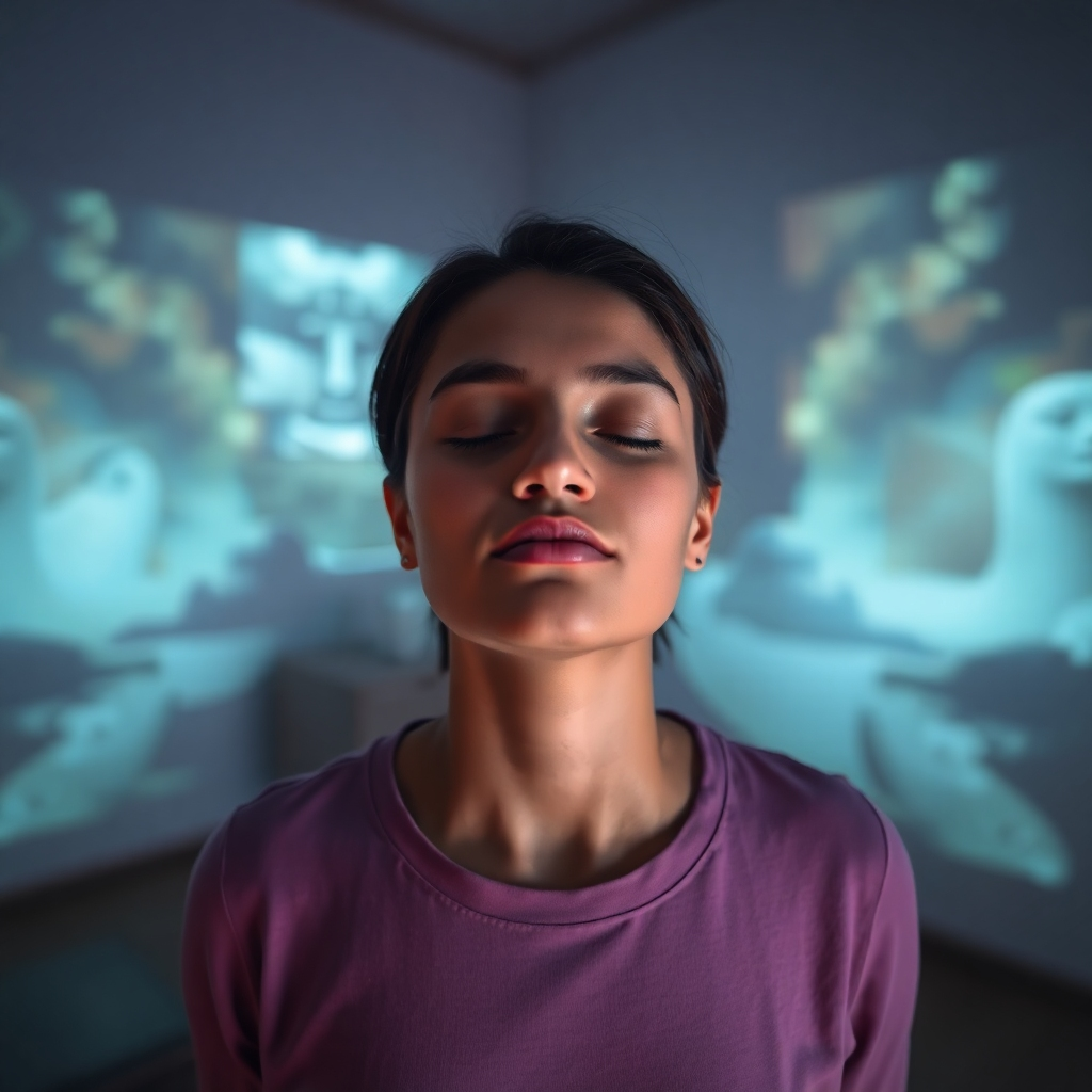 A photorealistic image showing a person practicing visualization with their eyes closed. The person is surrounded by calming imagery projected onto the walls. The room is dimly lit. Style: Serene and peaceful. Camera angle: Medium shot focusing on the person's face.