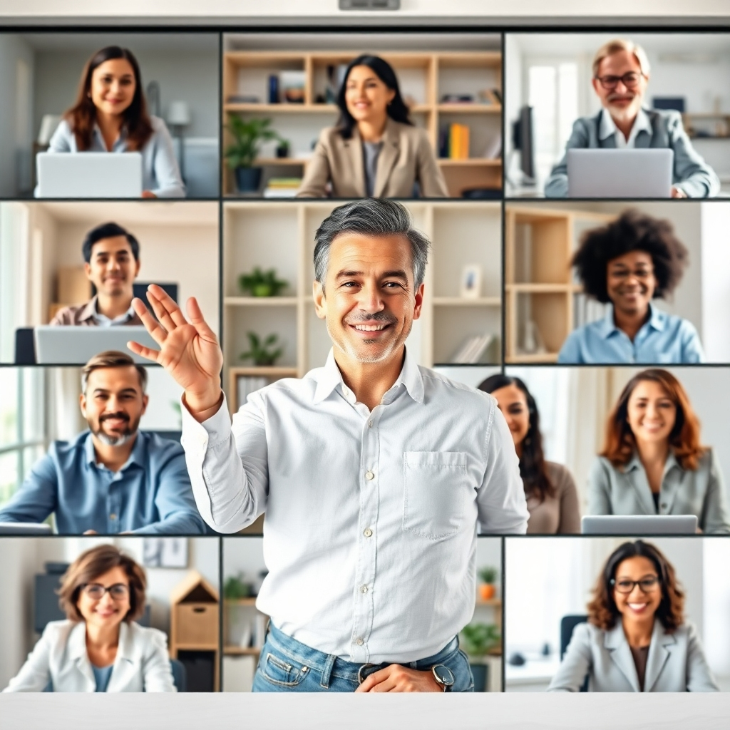 A photorealistic image showing a diverse group of people participating in a virtual meeting. One individual stands out, radiating confidence and presence. Their body language is open and engaging. Their vocal tone is clear and authoritative. Their eye contact is direct and unwavering. The background shows a variety of home office settings. The lighting is bright and professional. The style should be clean and modern, emphasizing the importance of virtual presence. The color palette should be neutral and sophisticated, conveying a sense of competence and credibility. The camera angle should be slightly high, offering a clear view of the participants and their interactions. This image should evoke feelings of respect, trust, and influence. 4k resolution.
