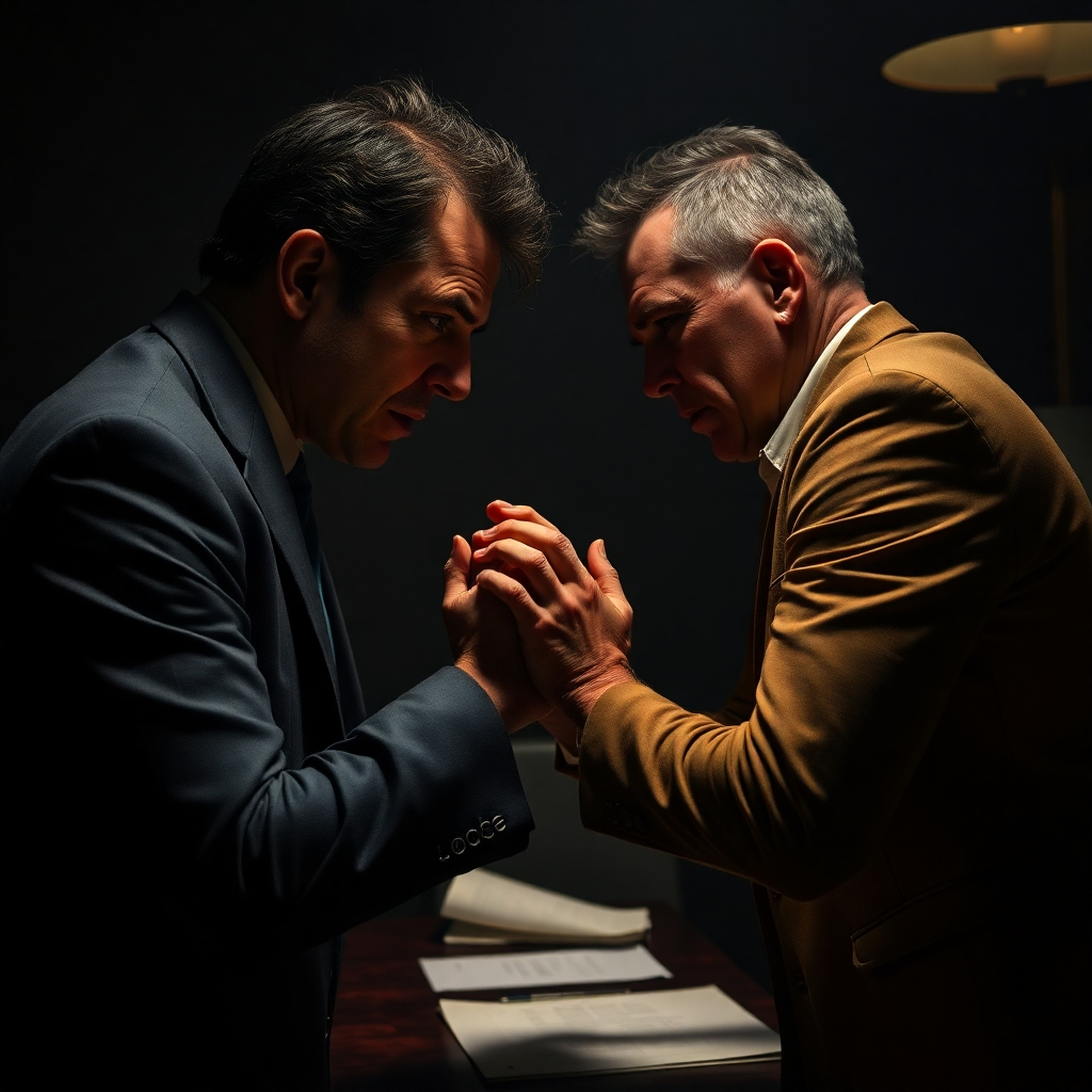 A photorealistic image showing a tense scene where a con artist is leaning in aggressively towards a hesitant individual, their hands clasped together and their expression intense. The setting should be a dimly lit room, with a sense of claustrophobia.  The background could show documents or a contract, suggesting a time-sensitive deal. The lighting should highlight the con artist's aggressive posture and the victim's discomfort.  The overall mood should convey a sense of coercion and impending threat.