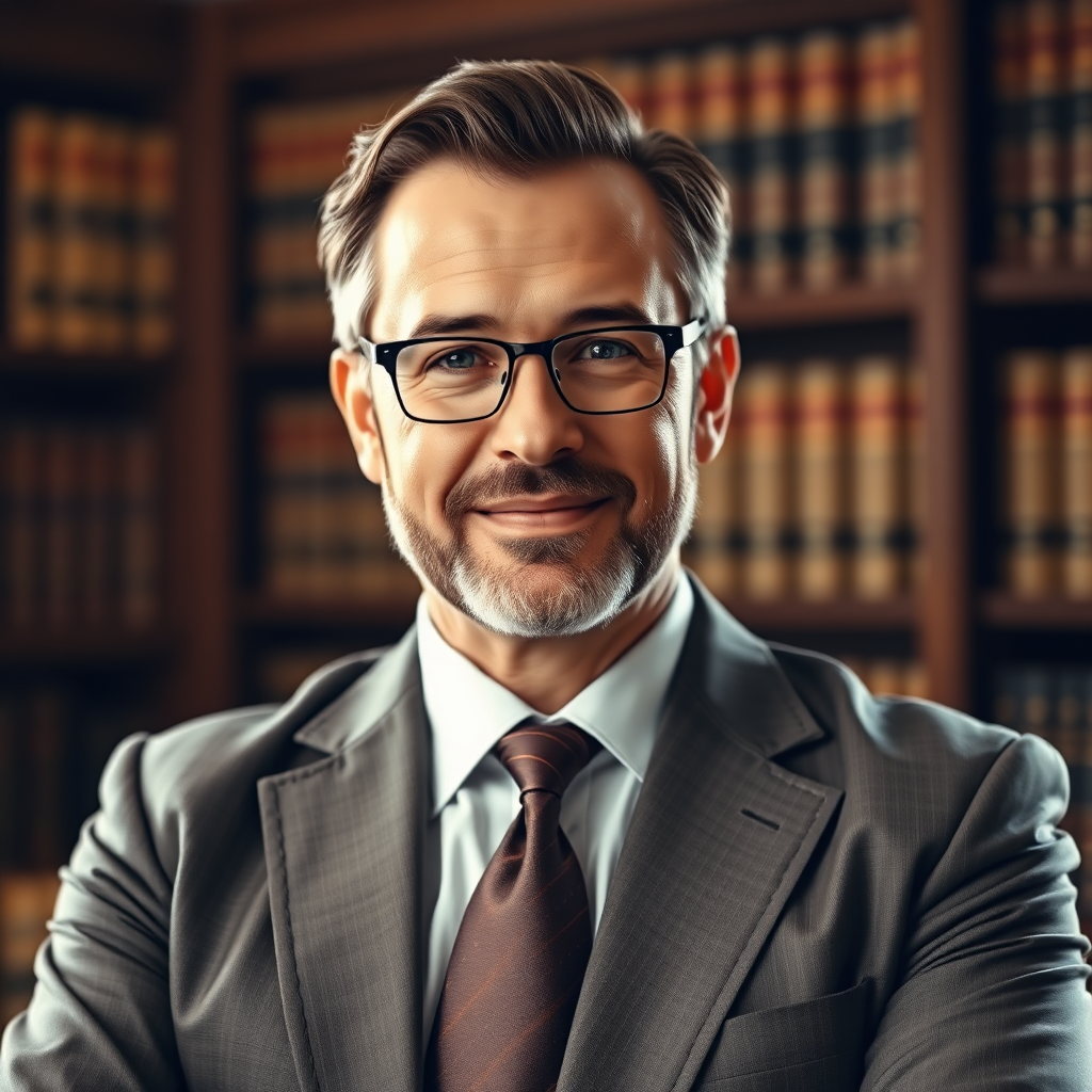 A photorealistic portrait of a legal expert in a professional setting. The background is blurred, showcasing a law library or office. The lighting is warm and inviting, creating a sense of trust and credibility. The color palette is predominantly brown and gold, conveying a sense of experience and wisdom. This image should evoke a sense of authority and knowledge.