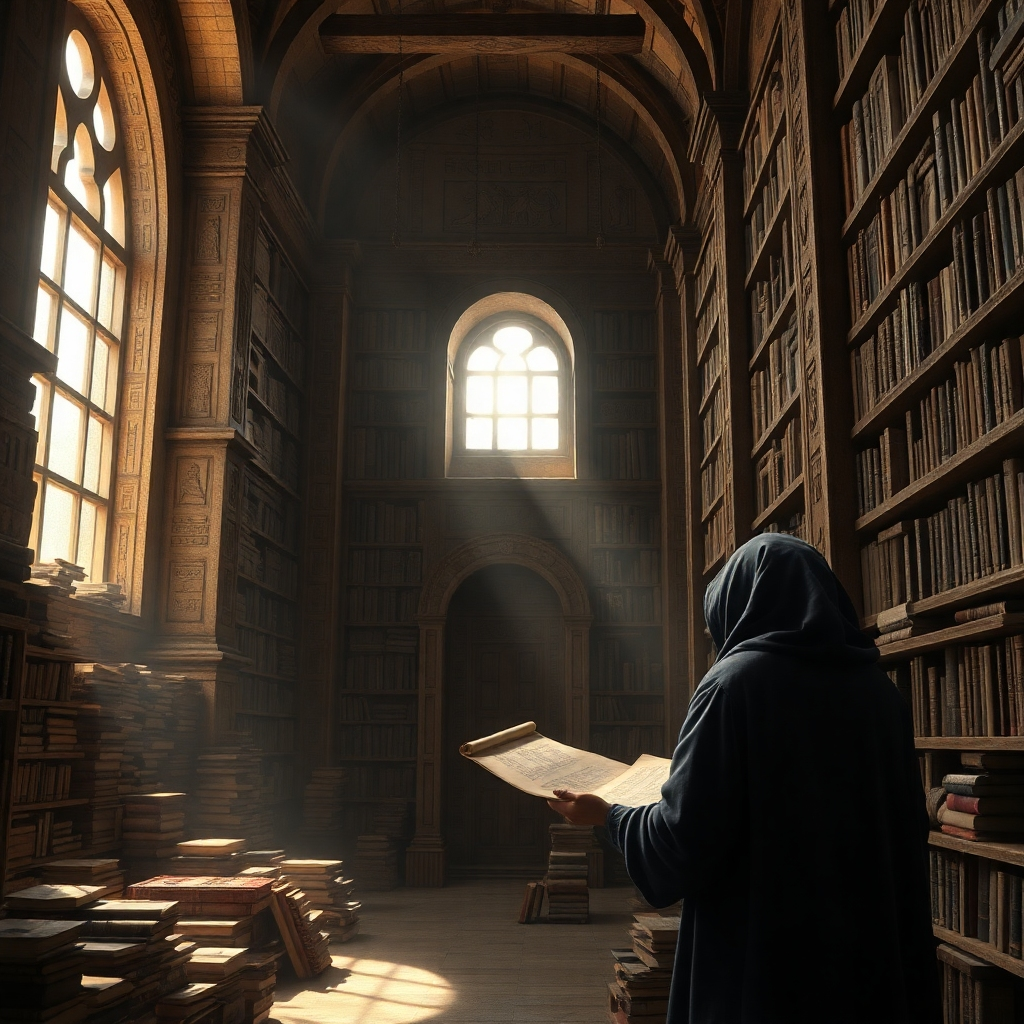 A photorealistic rendering of an ancient library filled with towering shelves of dusty tomes. Sunlight streams through arched windows, illuminating intricate carvings and hieroglyphs on the walls. A single figure, cloaked in shadow, is seen studying a weathered scroll. The air is thick with the scent of aged paper and forgotten secrets.