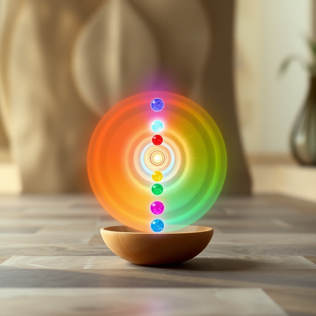 A photorealistic representation of chakras aligned and glowing with vibrant colors. Each chakra is depicted as a spinning vortex of energy, radiating light and sound waves. The background is a blurred, meditative space with soft, natural textures. The color palette corresponds to the traditional chakra colors: red, orange, yellow, green, blue, indigo, and violet. The camera angle is a close-up, centered shot to emphasize the alignment and balance of the chakras. This image should evoke a sense of harmony, balance, and energy flow.
