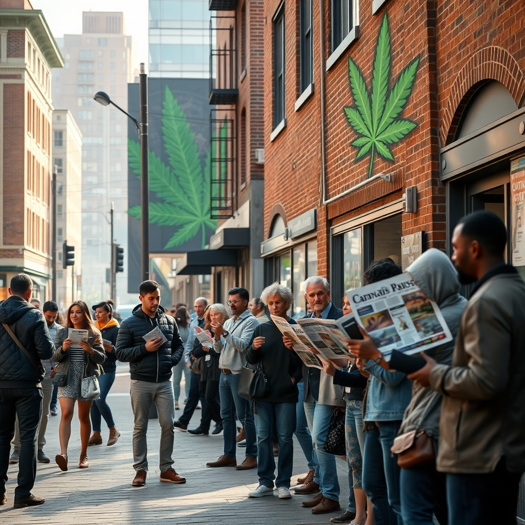 A photorealistic, ultra-high quality header image representing Norfolk City Cannabis Hub. The scene should depict a bustling Norfolk city street corner, subtly incorporating cannabis leaves in the background – perhaps as a design element on a building or a faint mural. In the foreground, a diverse group of people (consumers, business owners, legal professionals) are engaged in discussions, some holding newspapers with headlines about the cannabis crackdown. The lighting should be natural, early morning light, casting soft shadows and highlighting the textures of the brick buildings and city streets. The color palette should be muted and realistic, with subtle greens and earth tones. The camera angle should be a slightly elevated perspective, capturing the energy and complexity of the situation. Style references: Documentary photography with a touch of realism. Technical specs: 8K resolution, hyperrealistic, focus on details such as facial expressions and textures.