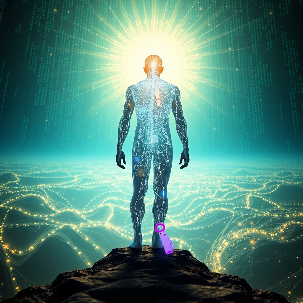 A photorealistic, ultra-high-quality image depicting a person standing at the edge of a vast, glowing digital landscape. The person is partially transparent, revealing intricate networks of light and code within their form, symbolizing the unveiling of inner potential and connection to the 'Unplugged Matrix'. The landscape contains recognizable archetypal symbols from various ancient cultures subtly interwoven. Lighting is ethereal and radiant, with a color palette dominated by blues, greens, and gold. A low-angle shot emphasizes the person's powerful stance and the expansive digital realm before them. Textures are finely detailed, from the glowing code to the natural elements grounding the person. Environment should evoke both the technological and the ancient, hinting at a convergence of worlds. Props might include a partially deciphered ancient tablet or a glowing key. Inspired by the hyperrealism of digital art masters, rendered in 8K resolution for maximum impact.