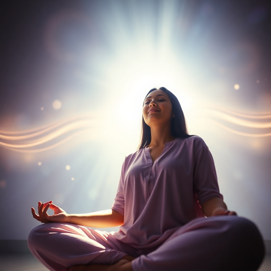 A photorealistic, ultra-high quality image showcasing the fusion of sound and positive affirmations. Imagine a person meditating, bathed in soft, ethereal light, emanating from a source representing sound frequencies (e.g., a tuning fork or abstract waves). The background features subtle, swirling patterns of light and color that symbolize positive energy flow. The subject's face should reflect serenity and inner peace. Incorporate subtle visual representations of affirmations, such as glowing text or symbols subtly integrated into the environment. The overall color palette should be calming and uplifting, with hues of blue, purple, and gold. Use a low-angle shot to emphasize the subject's sense of empowerment. Pay meticulous attention to texture details, such as skin texture, clothing folds, and the subtle shimmer of the light. Environment should suggest a serene indoor space, perhaps a minimalist meditation studio. Style: Inspired by hyperrealistic photography and spiritual art. Technical specs: 8K resolution, hyperrealistic rendering.