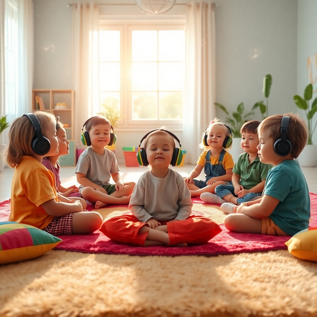 A photorealistic, ultra-high-quality 8K image showcasing the concept of 'Kid Learning Affirmations.' The scene depicts a diverse group of children, aged 6-10, sitting comfortably in a circle on a vibrant, soft rug in a sunlit room. Each child is wearing headphones and has a serene expression, eyes closed, seemingly immersed in a guided meditation. Gentle light streams through a large window, illuminating dust particles dancing in the air, creating a calming, ethereal atmosphere. In the background, subtle sound wave visualizations gently ripple across the walls. Props include colorful pillows, plush toys, and potted plants. The color palette is warm and inviting, dominated by pastel blues, greens, and yellows. The camera angle is slightly elevated, providing a wide view of the circle. Textures are highly detailed: the soft rug, the children's clothing, the subtle sound wave patterns. The style should evoke a sense of peace, focus, and joyful learning. Hyperrealistic details are crucial.