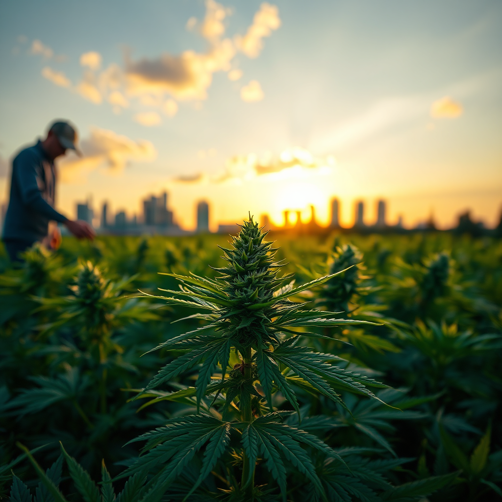 A photorealistic, ultra-high quality image depicting a cannabis plant thriving in a field under the Virginia sky. In the background, subtle imagery of Norfolk's skyline is visible, merging nature with urban development. Golden hour lighting bathes the scene in a warm, optimistic glow, symbolizing the promising future of the cannabis market. A blurred figure of a farmer tending to the plants adds a touch of realism. The composition should be balanced and inviting, with a focus on the vibrant green hues of the cannabis plant against the softer tones of the sky and city. Camera angle: slightly low, looking up at the plant to emphasize growth and potential. Textures should be highly detailed, showcasing the trichomes on the buds. Consider a style reminiscent of agricultural photography with a modern, progressive twist. 8K resolution, hyperrealistic.