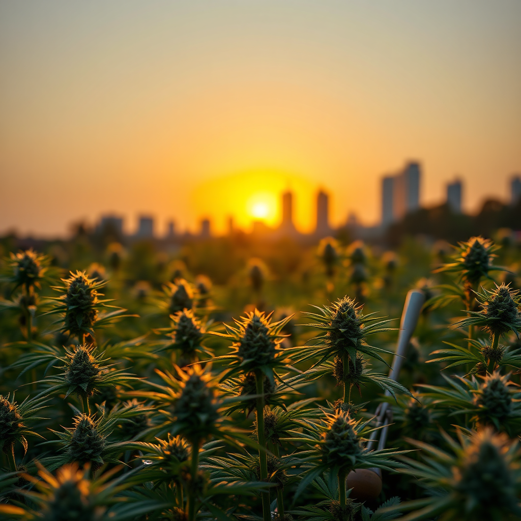 A photorealistic, ultra-high quality header image depicting a lush cannabis garden in Norfolk, bathed in the warm light of the setting sun. Dominant colors are deep greens, earthy browns, and hints of amber and gold. The composition should showcase a variety of cannabis plants – Indica (short and bushy), Sativa (tall and slender), and Hybrid (a mix of both). Focus on the trichomes glistening on the buds. In the background, a blurred silhouette of the Norfolk skyline adds local context. Camera angle is slightly low, looking up at the plants. Include gardening tools subtly placed to indicate cultivation. Style: Hyperrealistic, botanical illustration. Technical specs: 8K resolution, hyperrealistic detail, cinematic lighting.