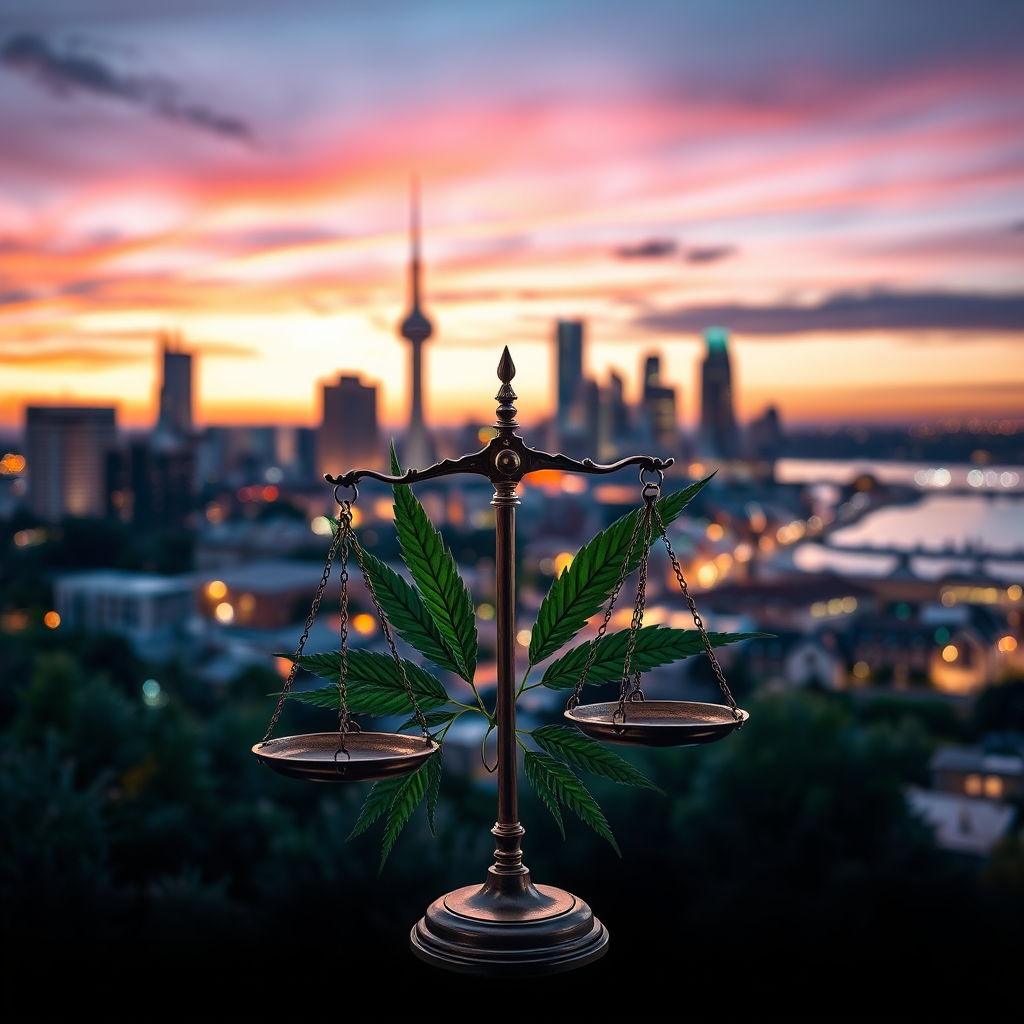 A photorealistic, ultra-high quality 8K image of Norfolk's cityscape at dusk, with a subtle overlay of cannabis leaves subtly integrated into the skyline. The lighting should be dramatic, with a mix of warm city lights and cool twilight hues. In the foreground, depict a scale of justice subtly balanced, with cannabis leaves on one side and law books on the other, but the scale is more like a motif than a literal image. The scene must evoke a sense of tension and transition, reflecting the evolving legal landscape of cannabis in Norfolk. Use a wide-angle lens to capture the breadth of the city. Focus and highlight texture details on the buildings and the leaves. Hyperrealistic style is essential.