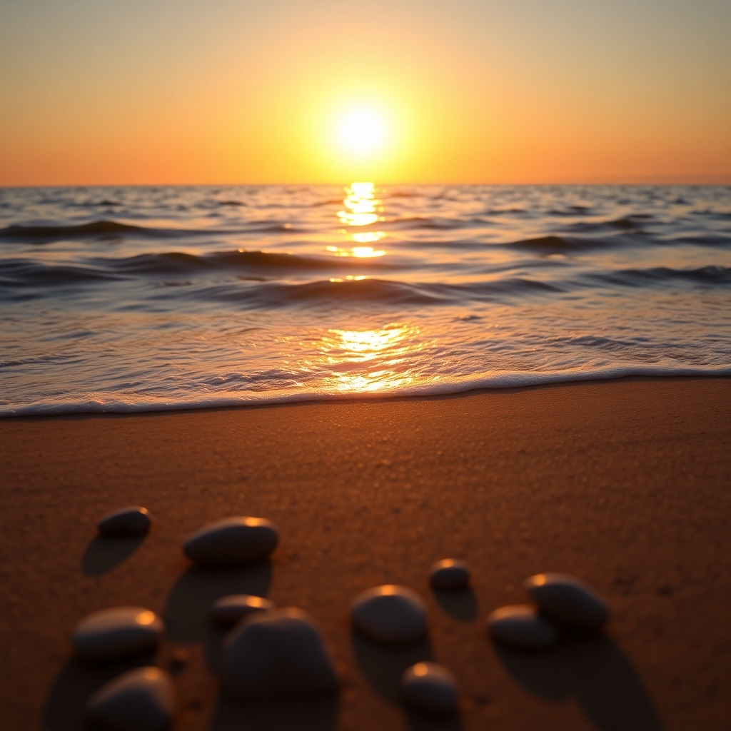 A photorealistic, ultra-high quality image showcasing a tranquil sunrise over the Norfolk-Portsmouth waterfront. The composition should feature gentle waves lapping against the shore, with the rising sun casting a golden glow across the water and sky. The 777 Hz frequency is subtly represented by shimmering light patterns dancing on the water's surface. In the foreground, smooth, round beach stones are scattered. The color palette is warm and inviting, featuring hues of gold, orange, and soft blues. The camera angle is low, capturing the vastness of the ocean and the serenity of the scene. Texture details should highlight the ripples in the water, the grain of the sand, and the smoothness of the stones. The environment is peaceful and serene, evoking a sense of calm and relaxation. Style reference: realistic landscape photography. Technical specs: 8K resolution, hyperrealistic detail.