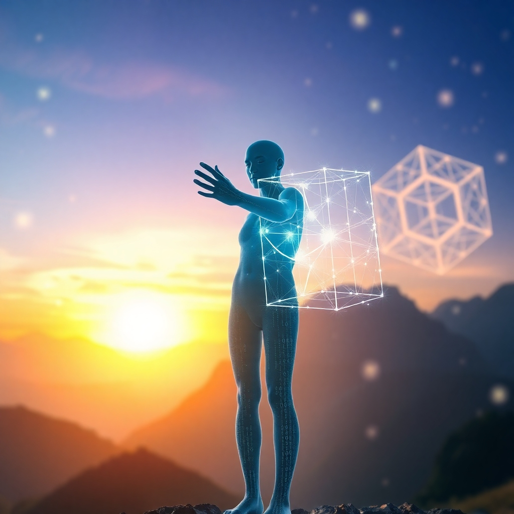 A photorealistic, ultra-high-quality header image for 'Unplugged Matrix'. The central subject is a human figure, subtly translucent, standing within a vibrant, digital landscape. The figure is reaching out, their hand intersecting with glowing lines of code that resemble sacred geometric patterns (e.g., the Flower of Life, Metatron's Cube). The background consists of both natural elements (mountains, a sunset) and digital constructs (floating binary code, wireframe structures). Lighting should be ethereal and radiant, with soft gradients of blues, purples, and golds. Camera angle: a slightly low angle, emphasizing the figure's connection to the landscape. Details: intricate textures on the figure's form and the digital elements. Style references: a blend of hyperrealism and surrealism. Technical specs: 8K resolution, hyperrealistic rendering with depth of field.