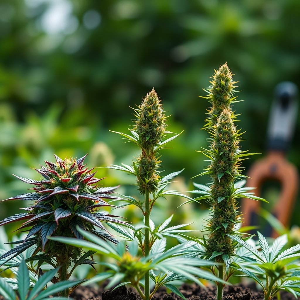 A photorealistic, ultra-high-quality header image for 'Norfolk City Cannabis Hub' showcasing the diversity of cannabis strains. The composition should feature three distinct cannabis plants, each representing indica, sativa, and hybrid varieties. The indica plant should be short and bushy with broad leaves, displaying deep green and purple hues. The sativa plant should be tall and slender with narrow leaves, showcasing vibrant green colors. The hybrid plant should exhibit characteristics of both, with a balanced structure and a mix of green and amber tones. The plants should be in various stages of flowering, highlighting the trichomes glistening under warm, natural light. The background should be a blurred, lush green garden setting, creating a sense of abundance and growth. Relevant props could include gardening tools subtly placed in the background. The camera angle should be a slightly low angle, emphasizing the height and grandeur of the plants. The overall style should be hyperrealistic, with attention to detail in the texture of the leaves, buds, and soil. The image should be in 8K resolution, hyperrealistic, and evoke a sense of natural beauty and botanical expertise.