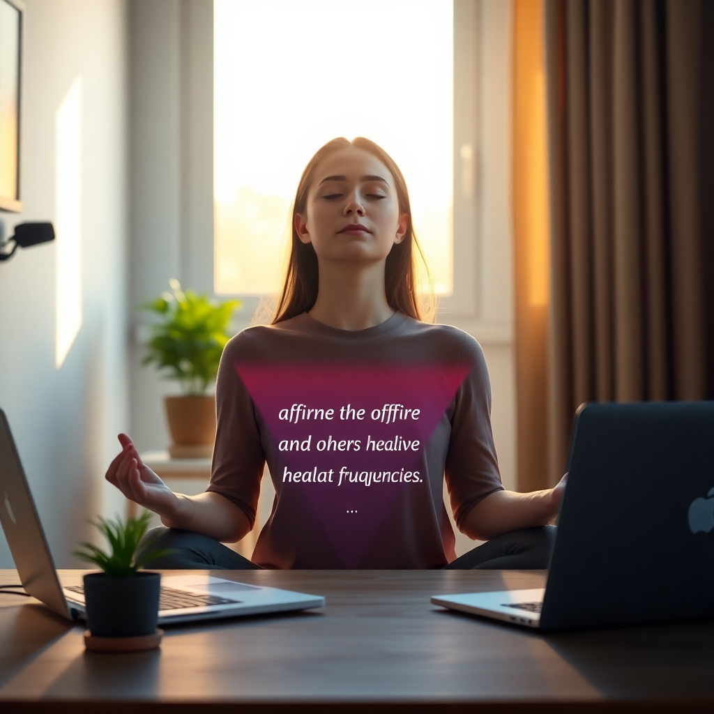 A photorealistic, ultra-high quality image depicting a serene remote worker in a modern, minimalist home office. The person is meditating with eyes closed, bathed in soft, golden light streaming through a window. Subtle, colorful healing frequencies emanate from a laptop screen displaying affirmation text. The environment should be clean and uncluttered, with natural elements like a small potted plant on the desk. Focus on texture details: the soft glow on skin, the smooth finish of the laptop, the grain of the wooden desk. Camera angle: slightly low, looking up at the person to convey a sense of empowerment. Style: blend of Scandinavian minimalism and futuristic tech. 8K resolution, hyperrealistic, with depth of field to blur the background and focus on the person and the affirmations.