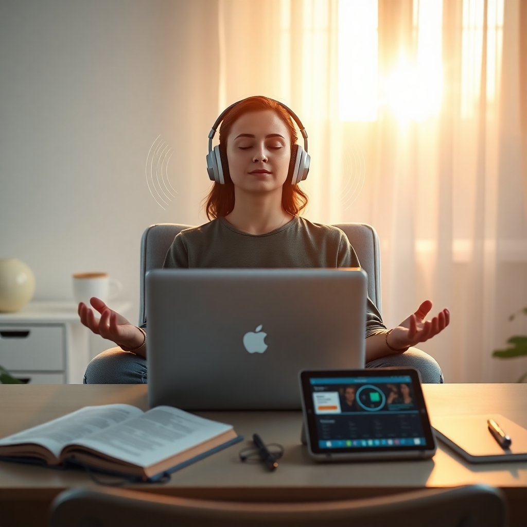 A photorealistic, ultra-high-quality 8K resolution image representing Afrekete Work from Home Mindflow Positive Affirmat. The scene depicts a serene home office bathed in the soft, golden light of a sunrise. A person is meditating comfortably with noise-canceling headphones, with a laptop open in front displaying a positive affirmation. Subtle sound waves emanate from the headphones, visualized as gentle, glowing ripples in the air. Around the desk are scattered small, visually appealing learning materials – a book on coding, a sketchpad with design ideas, a language learning app displayed on a tablet. The environment is clean, organized, and inspiring, featuring calming colors like pale blues, greens, and whites. Use depth of field to blur the background slightly, focusing on the subject's tranquil expression and the tools of self-improvement. Style reference: minimalist Scandinavian design with a touch of modern technology. Camera angle: slightly low, looking up to emphasize the sense of empowerment. Texture details: focus on the soft fabric of the chair, the smooth surface of the laptop, and the tangible feeling of the learning materials. The overall image should convey a sense of calm, productivity, and positive energy.