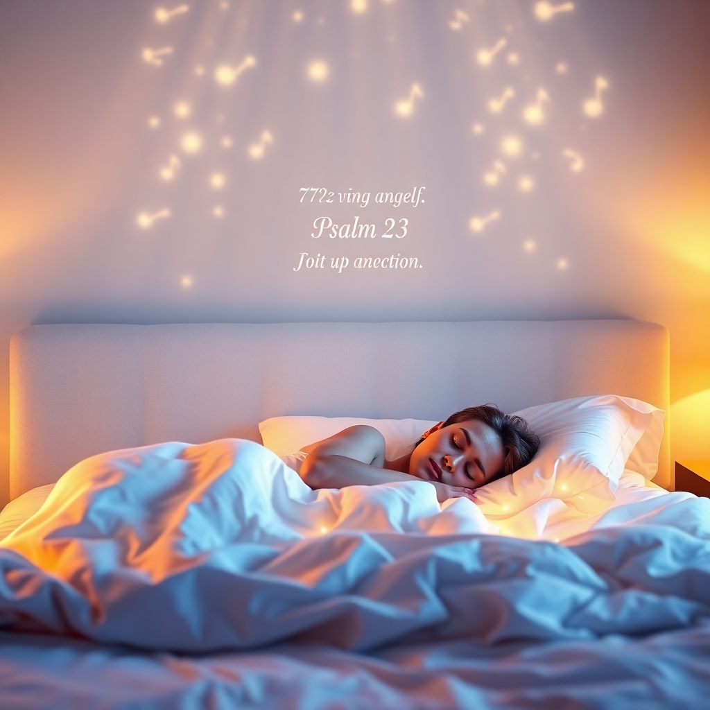 A photorealistic, ultra-high-quality image depicting a serene bedroom bathed in soft, warm light. The focus is on a person peacefully sleeping, enveloped in a gentle, ethereal glow. Above them, subtle, translucent waves of 777Hz angelic music visualized as light patterns cascade down, creating a sense of calm and protection. The color palette should be dominated by soothing blues, purples, and golds. Include a subtle representation of Psalm 23 in the background, perhaps etched into the headboard or projected as a soft light pattern. The camera angle is a slightly elevated perspective, capturing the entire scene. Textures should be soft and inviting, emphasizing comfort and relaxation. Style reference: Blend the realism of Greg Rutkowski's detailed environments with the ethereal lighting of Thomas Kinkade. Technical specs: 8K resolution, hyperrealistic rendering, focus on detail and atmospheric lighting.