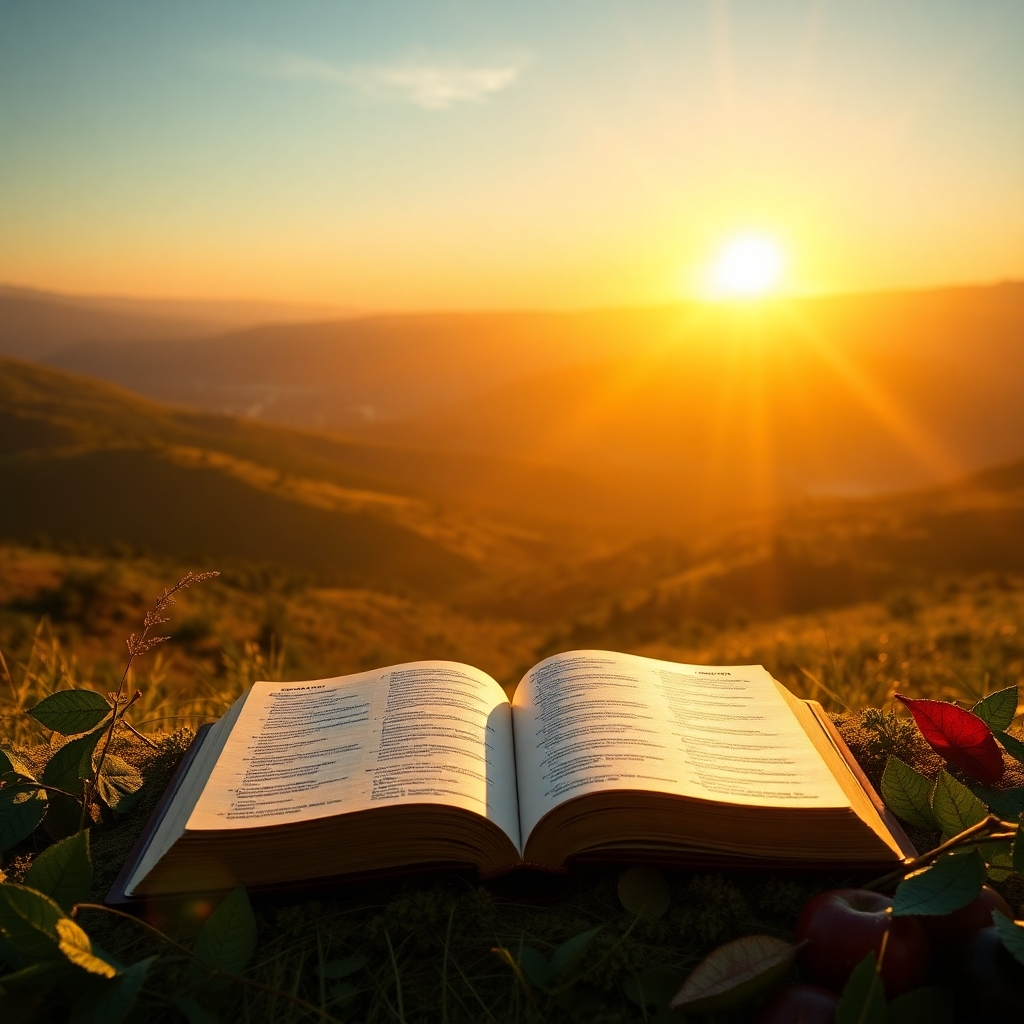 A photorealistic, ultra-high-quality header image depicting a radiant, golden sunrise over a lush, fertile valley. In the foreground, a beautifully illuminated KJV Bible rests open, with subtle rays of light emanating from the pages. Gentle, high-frequency sound waves visualized as shimmering, transparent layers subtly overlay the scene, enhancing the feeling of abundance and spiritual connection. Soft, warm lighting creates a sense of peace and hope. Include elements like overflowing cornucopias and ripe fruit subtly embedded within the valley landscape to represent prosperity. The composition should draw the viewer's eye towards the open Bible and the radiant sunrise. Style reference: Blend the realism of an Ansel Adams landscape photograph with the ethereal quality of a spiritual painting. 8K resolution, hyperrealistic details.