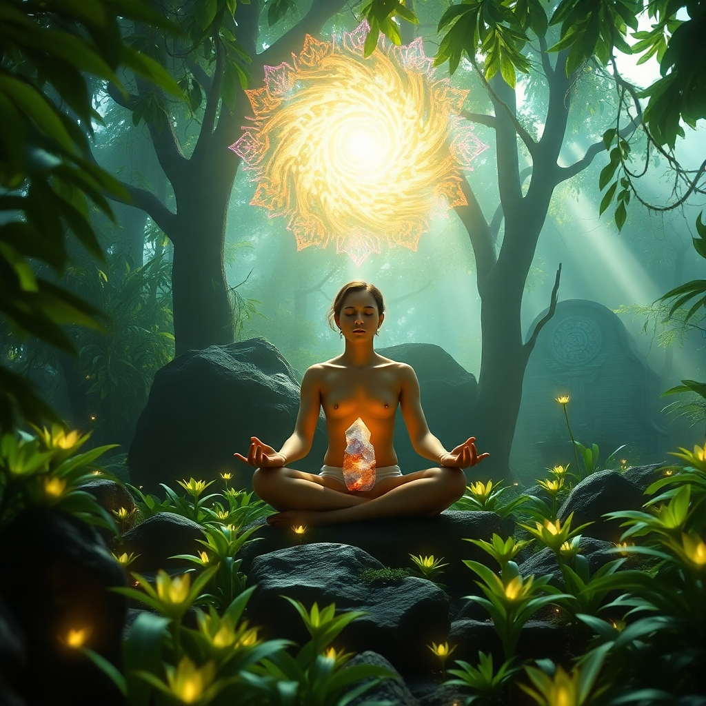 A photorealistic, ultra-high quality header image for 'Unplugged Matrix'. Subject: A serene individual meditating in a lush, otherworldly garden filled with bioluminescent plants. Ancient symbols are subtly etched into the surrounding rocks and trees. Composition: The individual is centered, radiating a soft, golden light. Above them, a swirling vortex of energy represents the intersection of the physical and spiritual realms. Lighting: Soft, diffused light filters through the leaves, creating a peaceful and ethereal atmosphere. Color Palette: Predominantly greens, golds, and blues, with hints of purple and violet in the vortex. Camera Angle: A slightly low angle, looking up towards the individual and the vortex. Texture Details: Intricate details in the plant life, the texture of the rocks, and the subtle energy patterns surrounding the individual. Environment: A hidden garden, secluded from the outside world. Relevant props: A crystal sits on the individual's lap, amplifying their energy. Style references: Blending elements of fantasy and realism, inspired by the artwork of Alex Grey and spiritual mandalas. Technical specs: 8K resolution, hyperrealistic rendering.