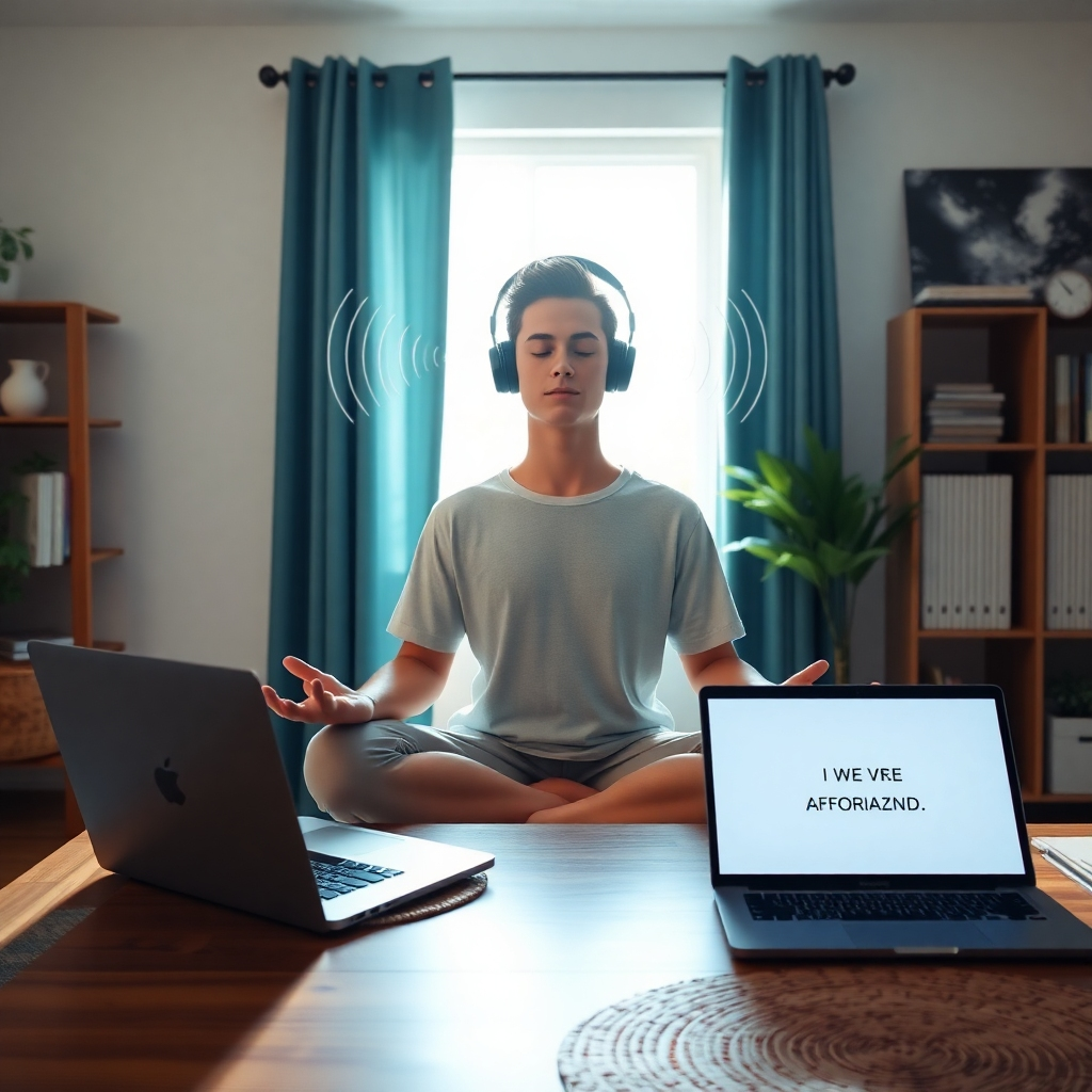 A photorealistic, ultra-high quality header image depicting a serene home office environment. A person is meditating, bathed in soft, natural light filtering through a window. Subtle sound waves emanate from noise-canceling headphones. A laptop displays a positive affirmation. The color palette is calming, with blues, greens, and earth tones. The camera angle is a medium shot, focusing on the person's peaceful expression. Textures should be highly detailed, from the wooden desk to the woven rug. Incorporate subtle elements representing both technology and nature. The overall mood is peaceful and productive. Style reference: Calming and minimalist. 8K resolution, hyperrealistic.