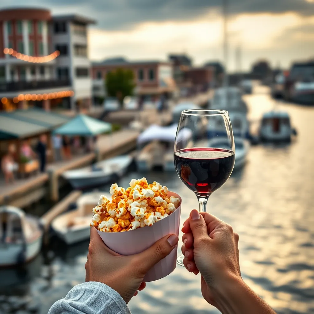A picturesque scene of a person holding a steaming cup of caramel popcorn, with a glass of red wine in the other hand. The backdrop is the Norfolk Waterfront, with boats docked in the harbor and the bustling festival atmosphere in the background, capturing the essence of a balanced cheat day experience.