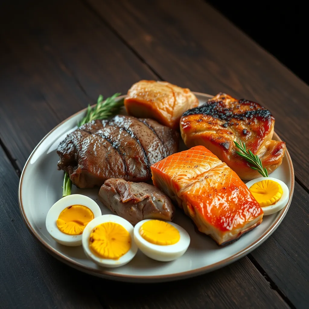 A plate with a variety of cooked meats, including steak, chicken breast, and salmon, with a side of boiled eggs. The plate is set on a rustic wooden table with a dark background, emphasizing the focus on animal products.