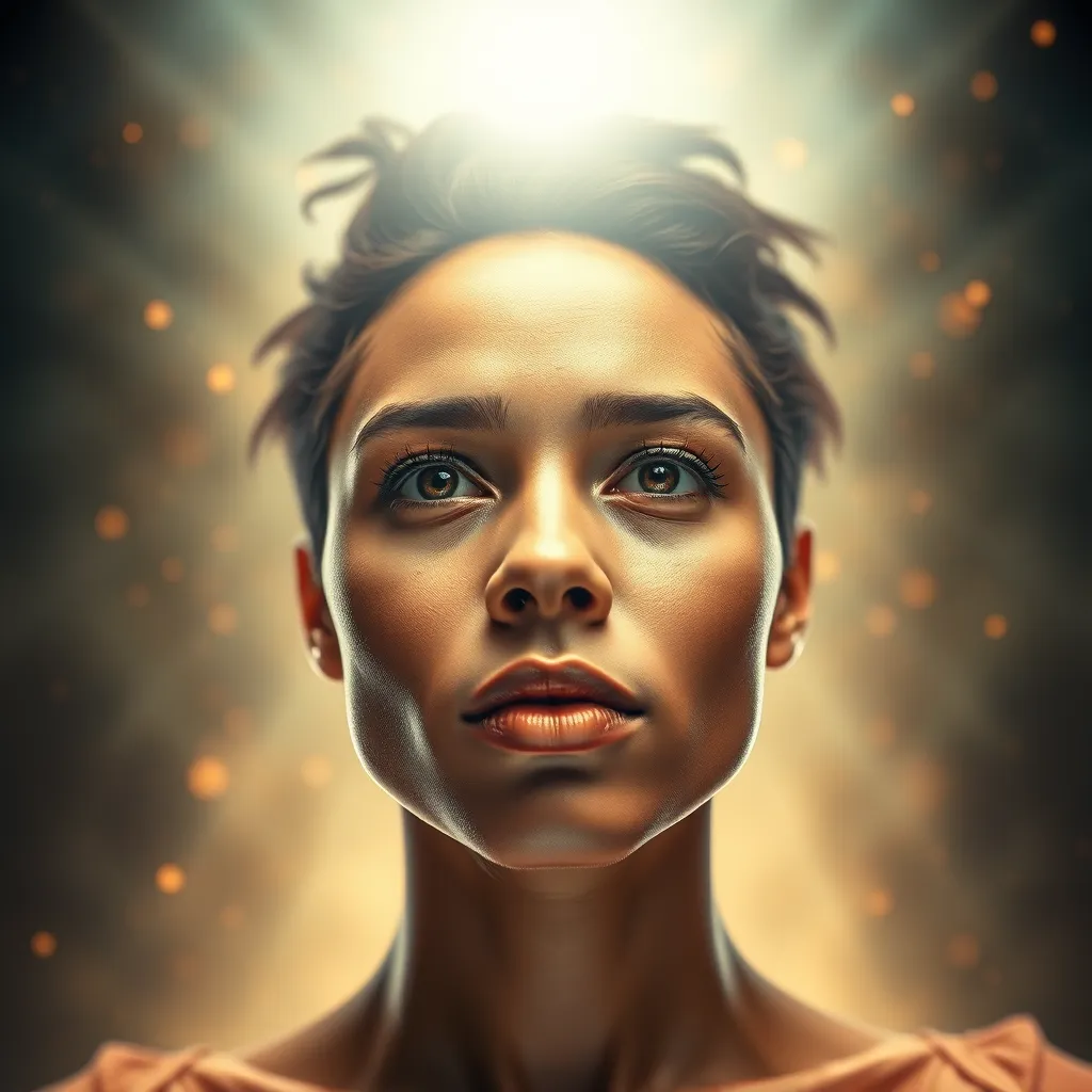 A powerful and inspiring image showcasing a person radiating positive energy and confidence, with a strong focus on the eyes, conveying a sense of determination and hope. The background should be abstract and ethereal, representing the power of the mind and the potential for healing.