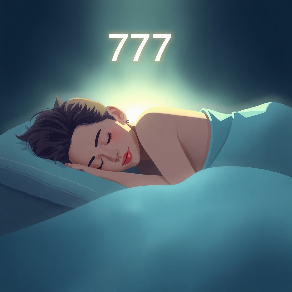 A representation of a person sleeping peacefully, surrounded by a soft, glowing aura representing the 777 Hz frequency. The image should convey a sense of deep relaxation and well-being. Style: Stylized, digital art. Resolution: 4K.