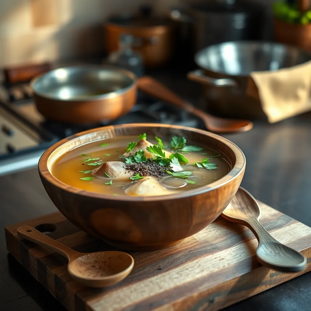 A rustic wooden bowl filled with steaming hot bone broth, garnished with chopped fresh parsley and a sprinkle of cracked black pepper. The bowl is placed on a wooden cutting board, with a wooden spoon resting beside it. In the background, there is a blurred image of a kitchen with various pots and pans, creating a warm and inviting ambiance.  The light is soft and natural, highlighting the natural colors and textures of the ingredients.  