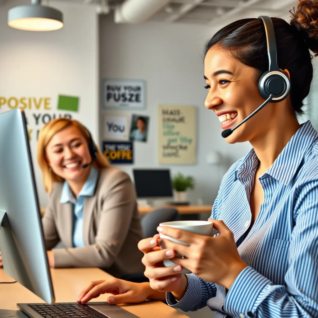 A scene depicting a customer service representative on the phone with a smiling customer. The customer is holding a cup of coffee and looking relaxed. In the background, a cheerful office environment with positive messages on the walls.