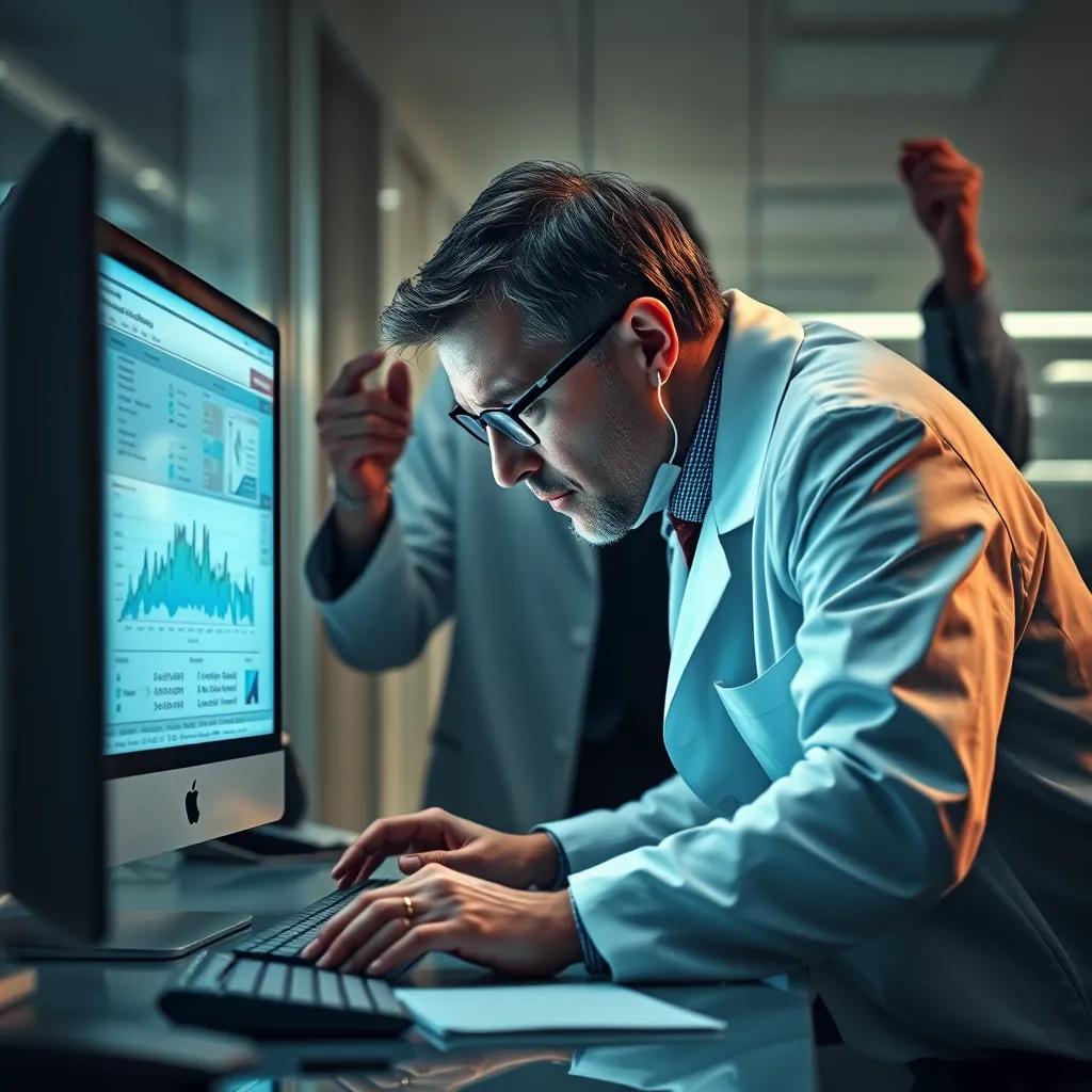 A scientist in a lab coat, hunched over a computer, is scrutinizing data on a Carnivore Diet study. In the background, a shadowy figure, representing a pharmaceutical executive, is pulling strings and manipulating the research findings. The image should convey a sense of secrecy and manipulation, highlighting the potential bias in scientific research.