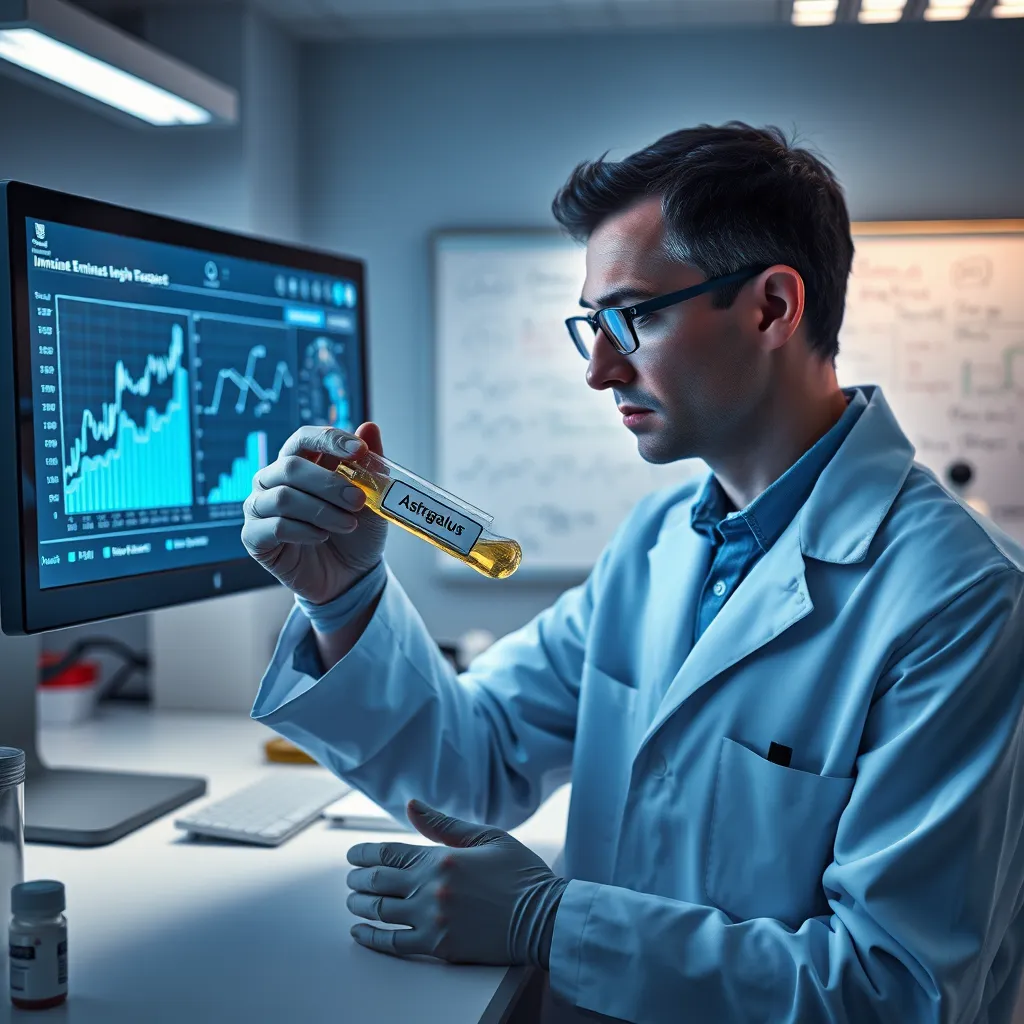 A scientist in a lab coat carefully examining a test tube containing a clear liquid labeled 'Astragalus Extract' while looking at a computer screen displaying data charts and graphs, with a background of laboratory equipment and a whiteboard filled with scientific formulas and diagrams about immune system functions and longevity research.