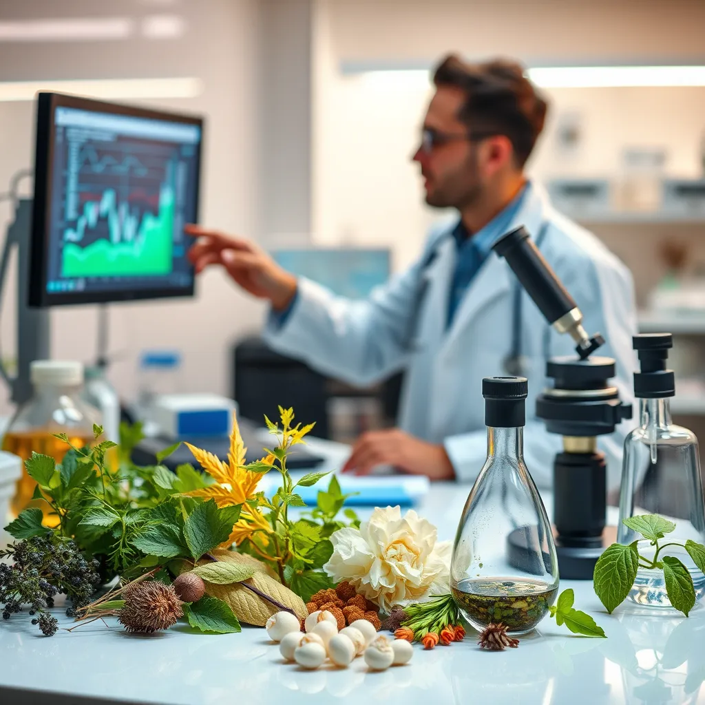 A scientist in a laboratory setting analyzing data on a computer screen. In the foreground, a collection of herbs and plants are arranged alongside scientific instruments, symbolizing the need for rigorous scientific research to validate claims about their benefits.