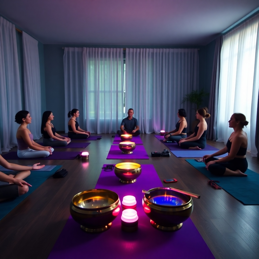 A serene group of individuals relaxing on yoga mats during a sound bath meditation. Crystal singing bowls and other instruments are arranged around the room, emitting soft, colorful light. The room is dimly lit with natural light filtering through sheer curtains. The color palette is calming blues, purples, and greens. The camera angle is a slightly elevated wide shot capturing the peaceful atmosphere.