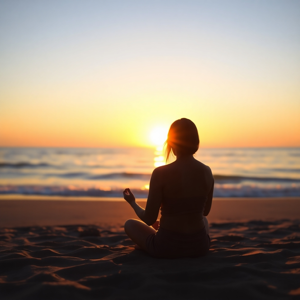 A serene image of a person meditating on a beach at sunset. The person is surrounded by soft, glowing light and the sound of gentle waves. Style: peaceful, calming, mindful. Resolution: 4k.