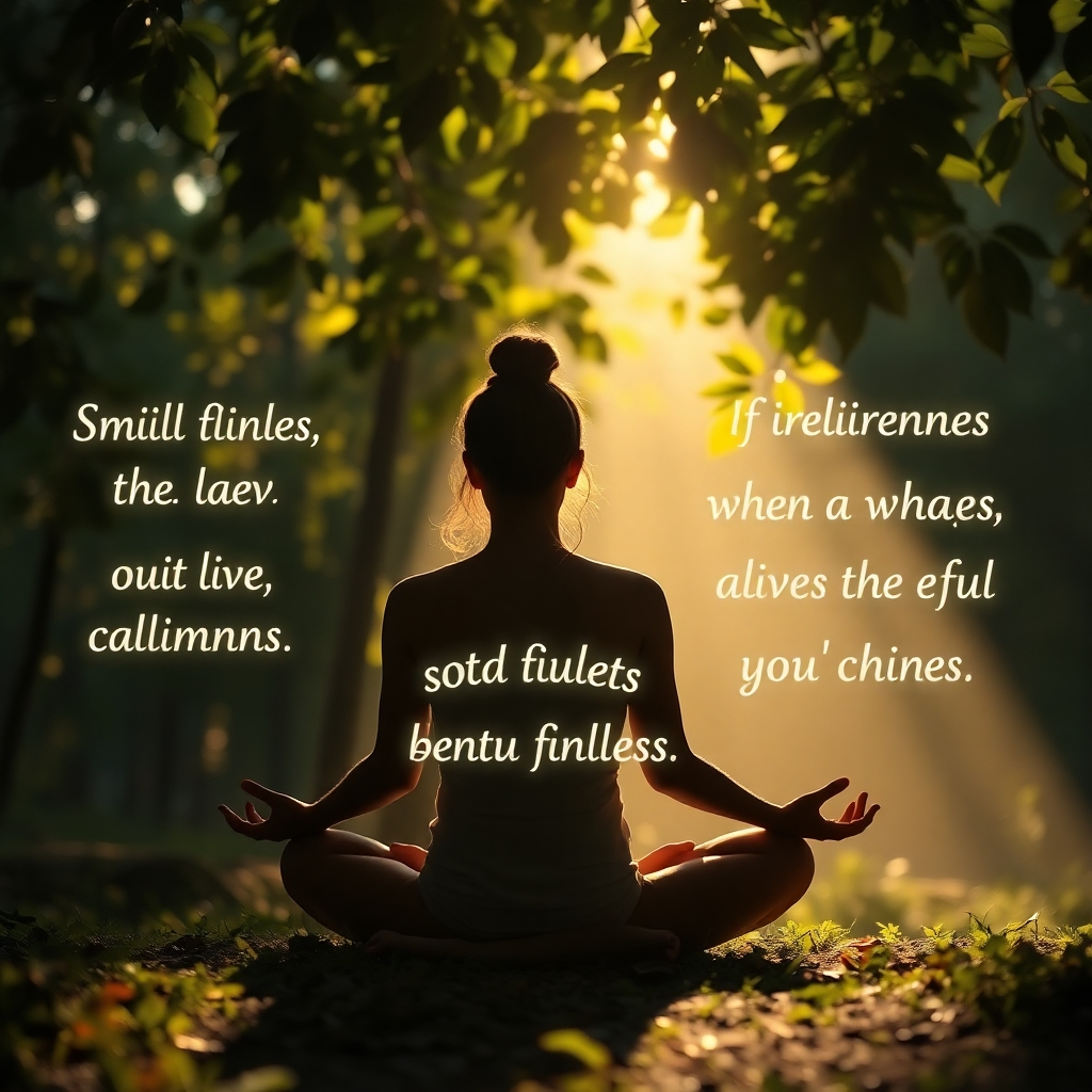 A serene image of a person meditating in nature, sunlight filtering through leaves.  Subtle, glowing text of positive affirmations surrounds them, with a calm, peaceful atmosphere depicted. The color palette should be warm and inviting.