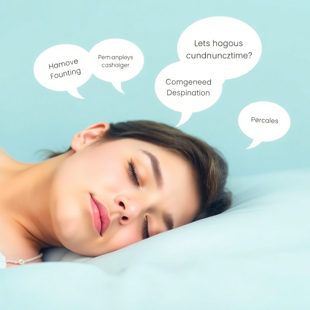 A serene image of a person sleeping soundly, with faint speech bubbles containing positive communication affirmations floating around their head. The color palette is soft and calming, with a focus on pastel blues and greens. This image should evoke feelings of ease and enhanced communicability.