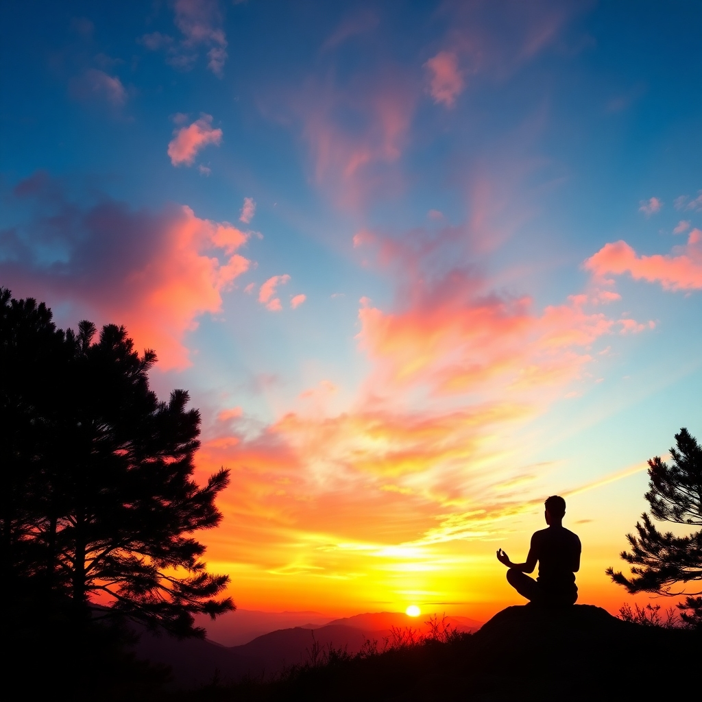 A serene landscape featuring a person meditating on a mountaintop at sunrise. The sky is filled with vibrant colors, and the person is silhouetted against the light. A gentle breeze rustles the trees. Color palette: warm oranges, pinks, and blues. Style: peaceful, scenic. Technical specs: 4K, high detail.